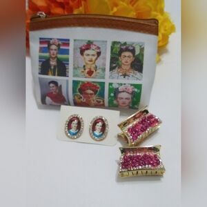 NWT Frida Kahlo Coin Purse, Stud Earrings And Hair Clip Set